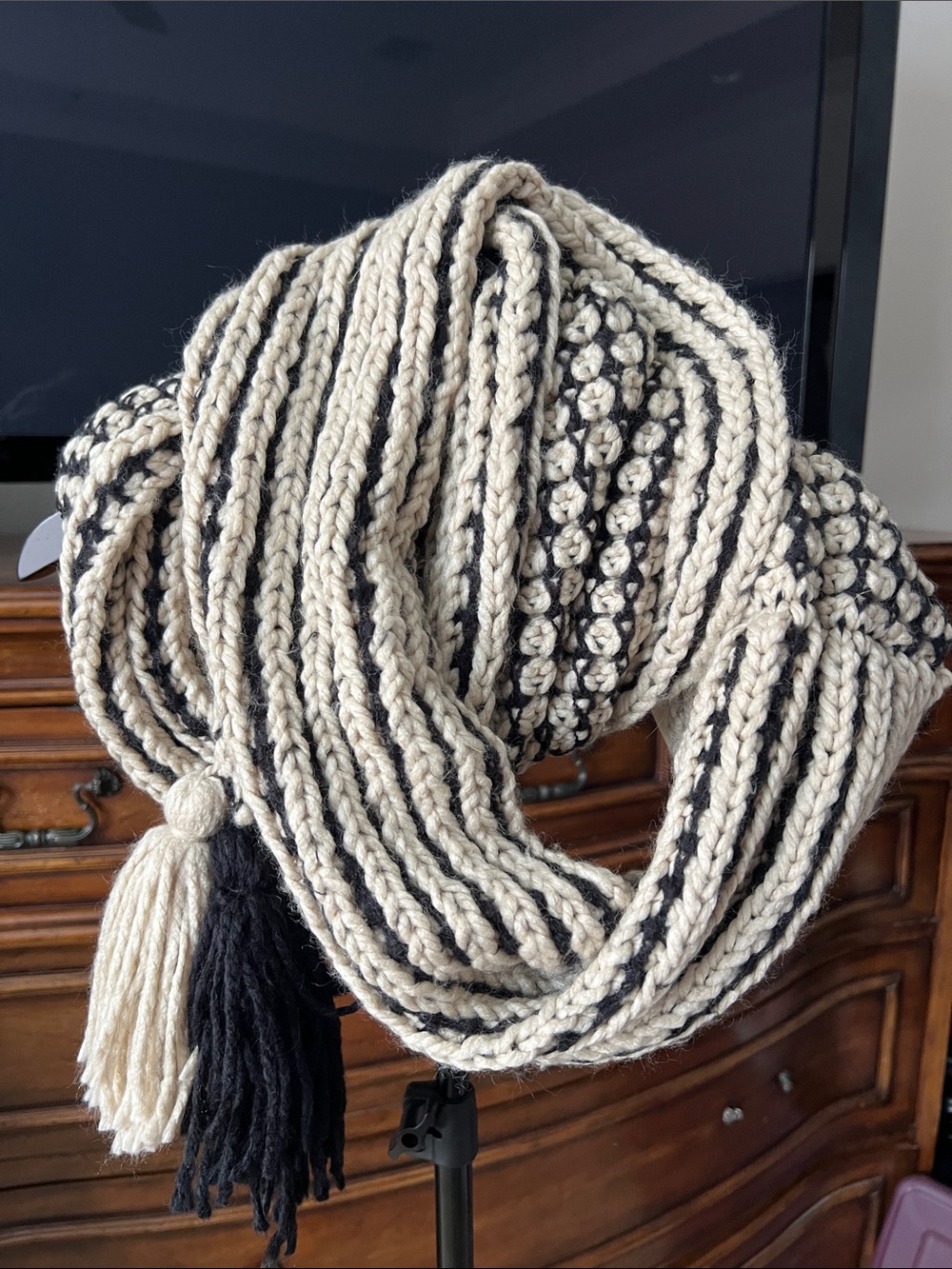 Handcrafted Cream and Black Knit Infinity Scarf with Tassels